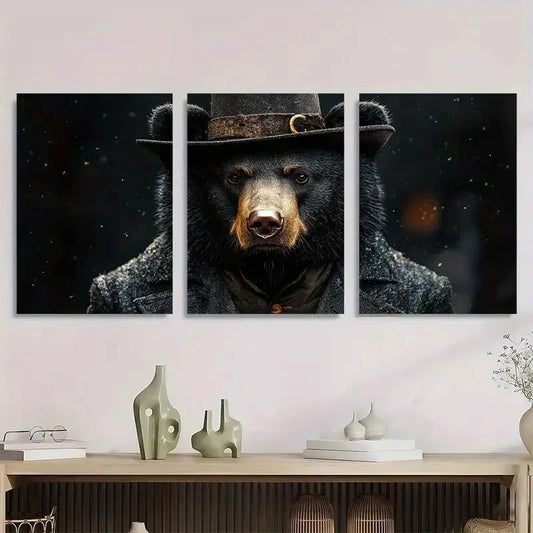 3pcs Charming Black Bear in Top Metal Print Ready to Hang Art