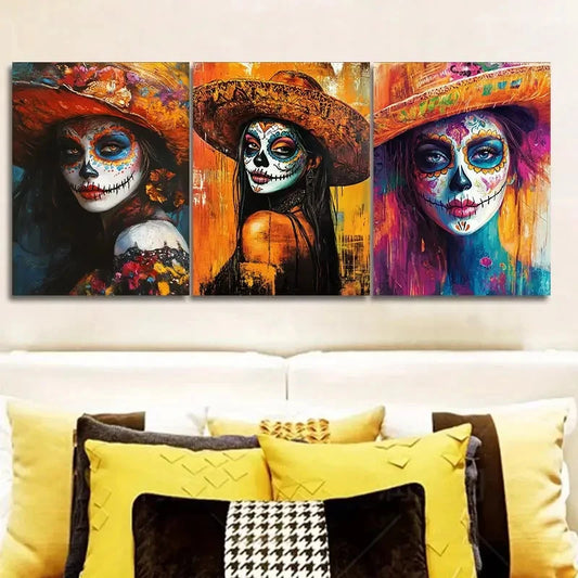 3pcs Energetic Day of the Dead Woman Painting Metal Print Ready to Hang Art