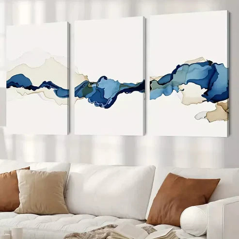 3pcs Blue and Brown Watercolor Paintings Canvas Framed 60x90cm - High Quality Print 100% Australian Made Wall Canvas Ready to Hang