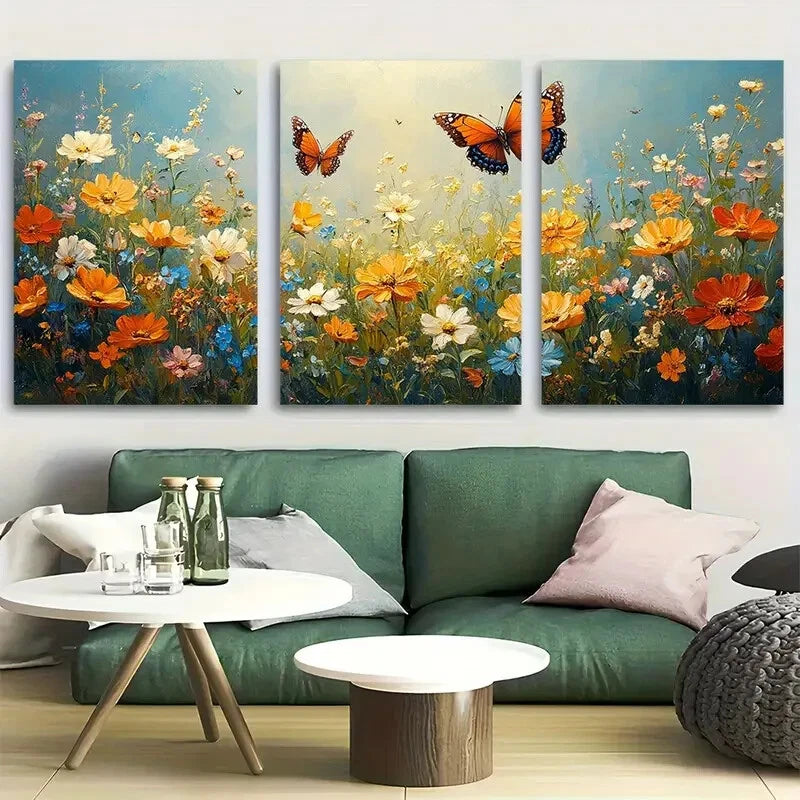 3pcs Vibrant Wildflower Field with Butterflies Metal Print Ready to Hang Art