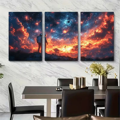 3pcs Cosmic Astronaut with Fallen Stars and Planet Metal Print Ready to Hang Art