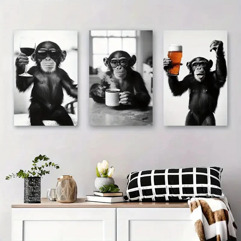 3pcs Black and White Monkey with Drinks, Metal Print Ready to Hang Art