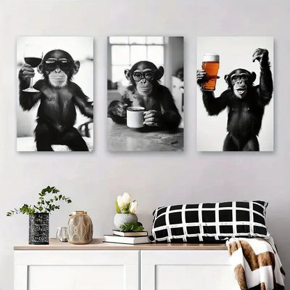 3pcs Black and White Monkey with Drinks, Metal Print Ready to Hang Art