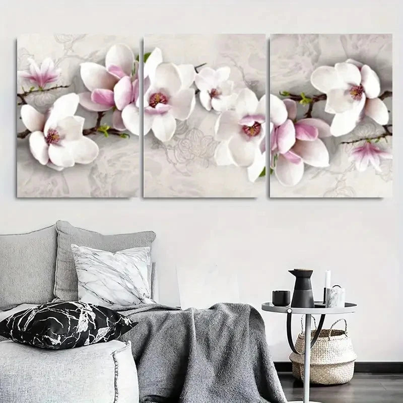 3pcs White Pink Magnolia Blossom Wall Art Set Canvas Framed 40x60cm - High Quality Print 100% Australian Made Wall Canvas Ready to Hang