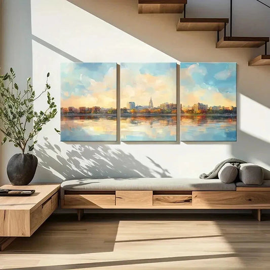 3pcs Cityscape Waterfront View Architectural Metal Print Ready to Hang Art