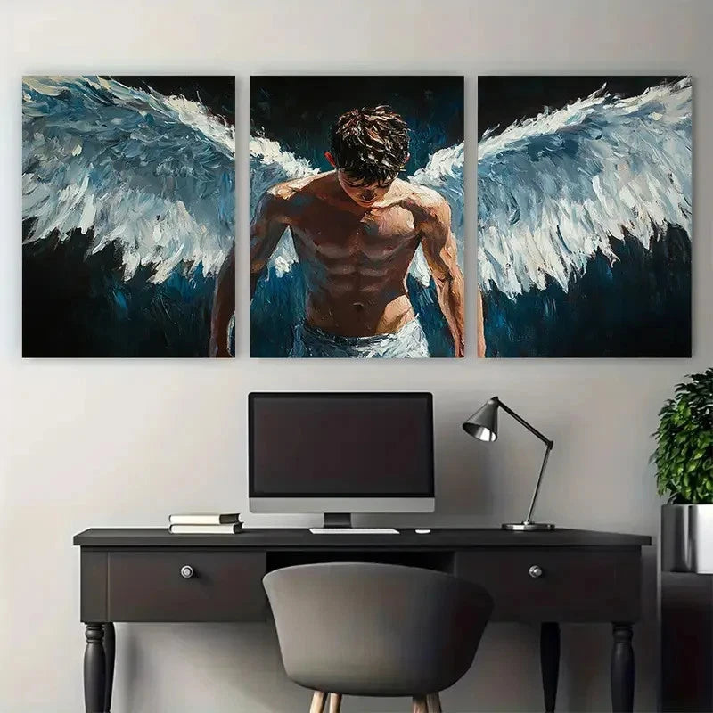 3pcs Angel Wings Detailed Male Body Design Metal Print Ready to Hang Art