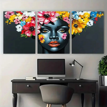 3pcs Floral Painting African Lady Portrait Black Wall Art Set Canvas Framed 60x90cm - High Quality Print 100% Australian Made Wall Canvas Ready to Hang