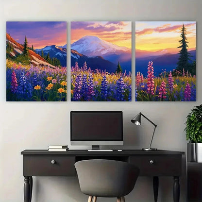 3pcs Mount Rainier Wildflower Mountain Sunset Wall Art Set Canvas Framed 60x90cm - High Quality Print 100% Australian Made Wall Canvas Ready to Hang