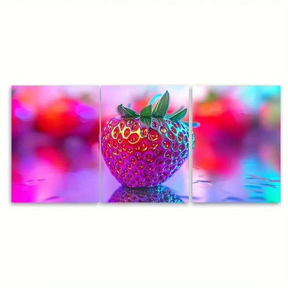 3pcs Vibrant Holographic Strawberry Illustration Metal Print Ready to Hang Art