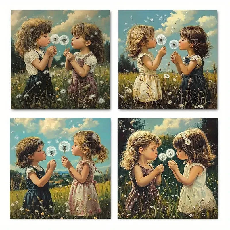 4pcs Retro Dandelion and Youngsters Wall Art Canvas Framed