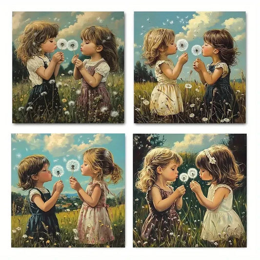 4pcs Retro Dandelion and Youngsters Wall Art Canvas Framed