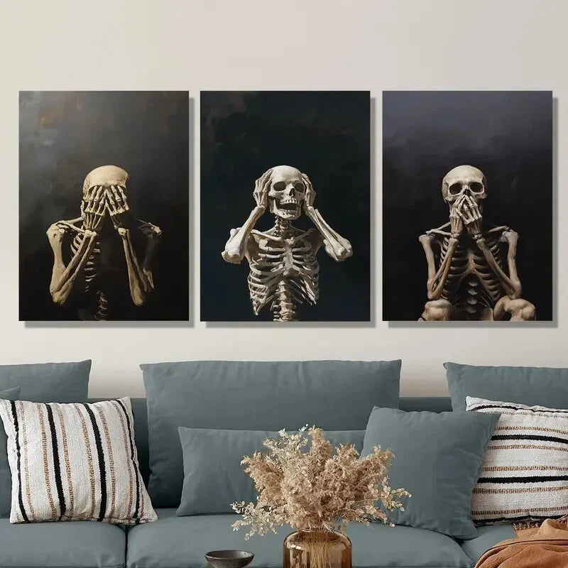 3pcs Skeleton posture creativity, shyness, fear Metal Print Ready to Hang Art