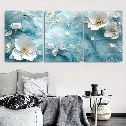 3pcs Elegant White Flower Golden Accents Metal Print Ready to Hang Art