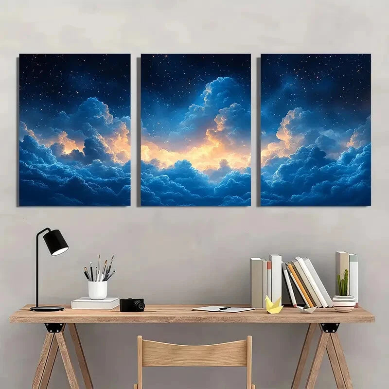 3pcs Abstract Cloud Sky Navy Blue & Orange Art Metal Print Ready to Hang Art