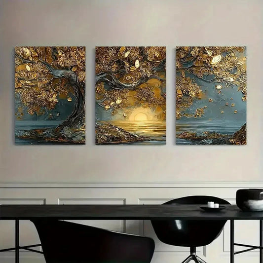 3pcs Tree with Leaves Golden and Silvery Metal Print Ready to Hang Art
