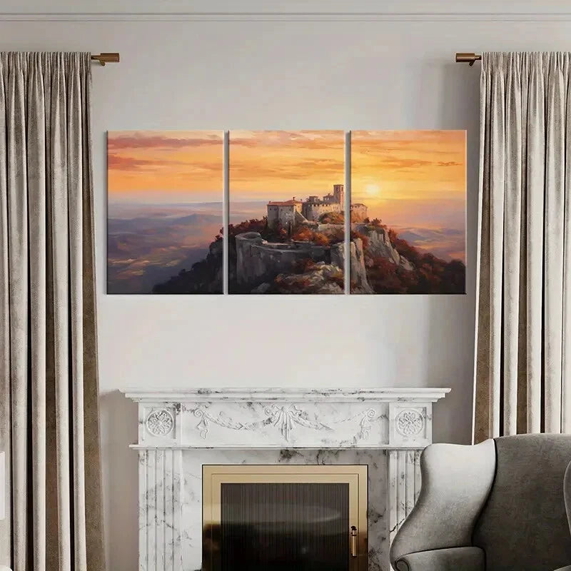 3pcs Sunset Castle Landscape Mountains Metal Print Ready to Hang Art