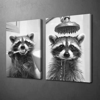 2pcs Black and White Photo of a Raccoon in it's Daily Routine Canvas Framed 50x75cm - High Quality Print 100% Australian Made Wall Canvas Ready to Hang
