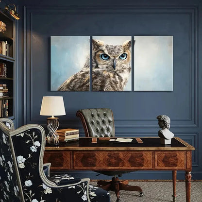 3pcs Owl Portrait Blue Eyes Detailed Feathers Metal Print Ready to Hang Art