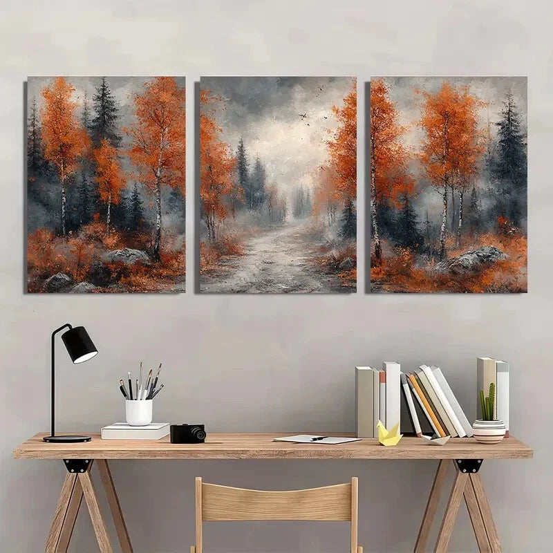 3pcs Autumn Forest Winding Trail Nature Painting Metal Print Ready to Hang Art