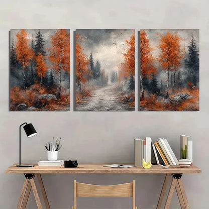 3pcs Autumn Forest Winding Trail Nature Painting Metal Print Ready to Hang Art