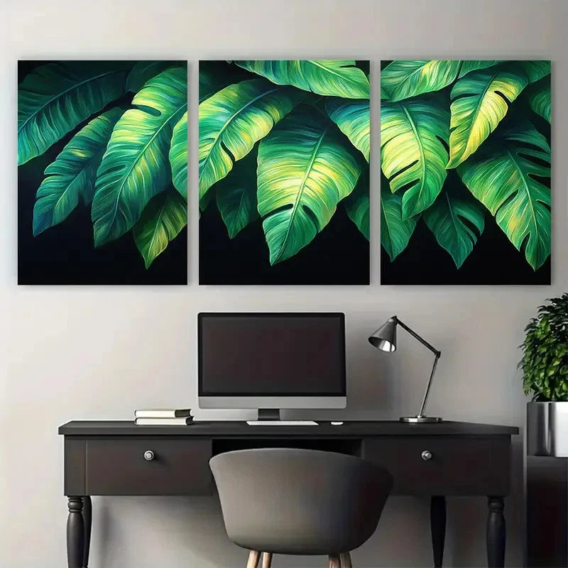 3pcs Large Tropical Leaves Vibrant Green Foliage Metal Print Ready to Hang Art