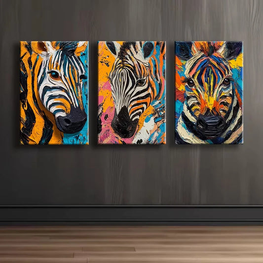 3pcs A vibrant zebra Illustration Wall Art Set Canvas Framed 40x60cm - High Quality Print 100% Australian Made Wall Canvas Ready to Hang