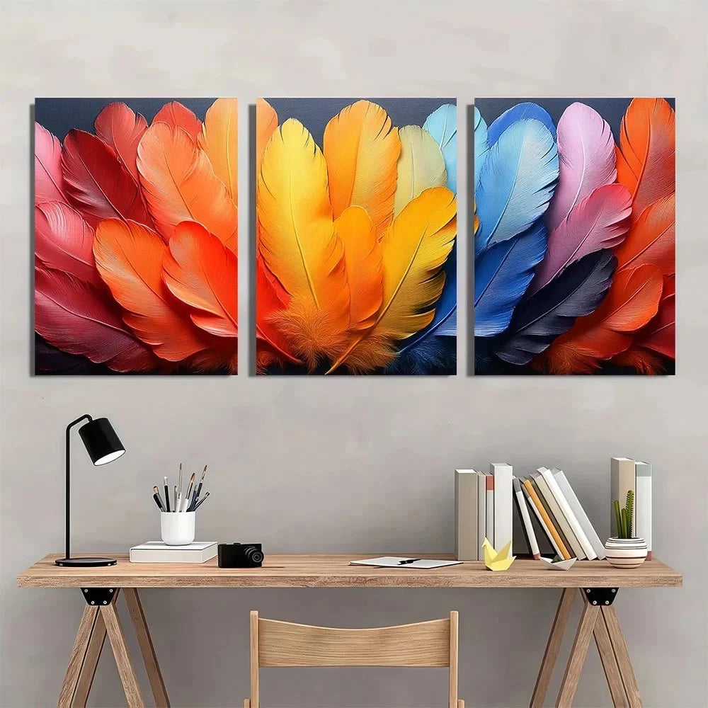 3pcs Rainbow Feathers Abstract Painting Metal Print Ready to Hang Art