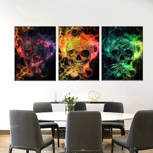 3pcs Colorful Skulls with Swirling Colors Metal Print Ready to Hang Art