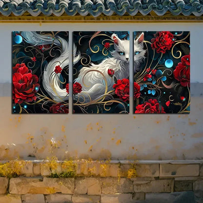 3pcs Vibrant Charming White Fox & Rose Design Metal Print Ready to Hang Art
