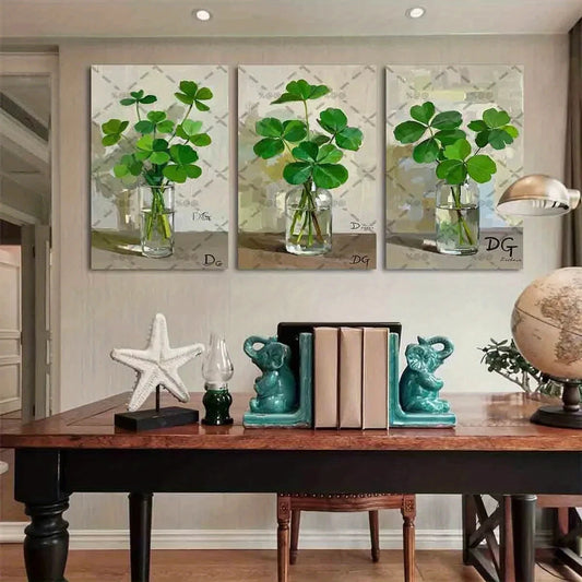 3pcs Vibrant Leaf Clover Oil Painting Metal Print Ready to Hang Art