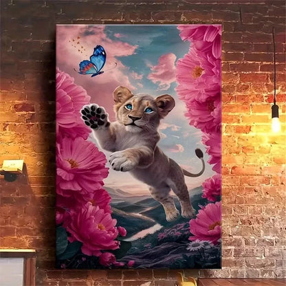 Cute Little Lion, Oil Painting Metal Print Ready to Hang