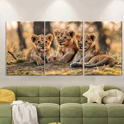 3pcs Lion Cubs Playing Together Wildlife Metal Print Ready to Hang Art