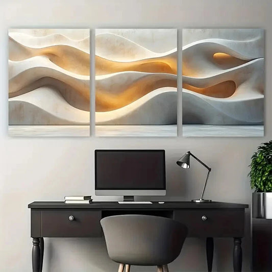 3pcs Vibrant Light Beige Minimalist Soft Shapes Metal Print Ready to Hang Art