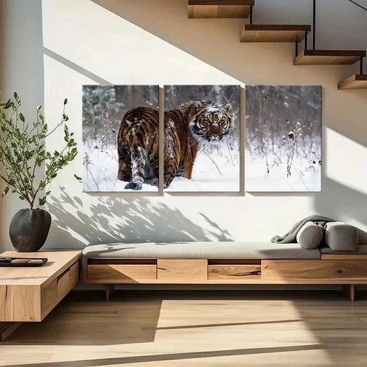 3pcs Tiger in Snow Animal Print Decor Wall Art Set Canvas Framed 40x60cm - High Quality Print 100% Australian Made Wall Canvas Ready to Hang