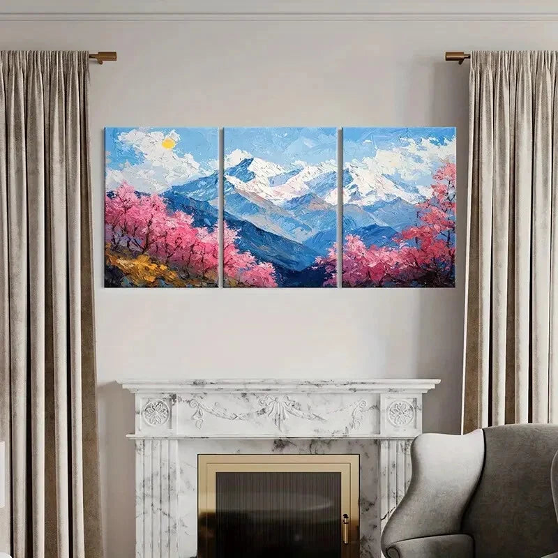 3pcs Snowy Mountain Landscape Pink Blossoms Metal Print Ready to Hang Art