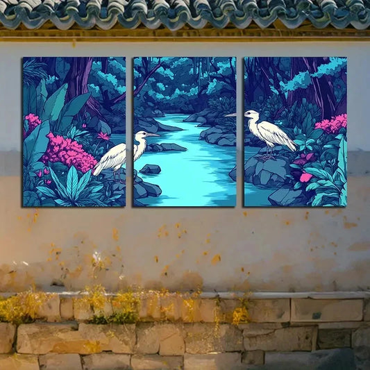 3pcs The Heron by the Pond Illustration Metal Print Ready to Hang Art