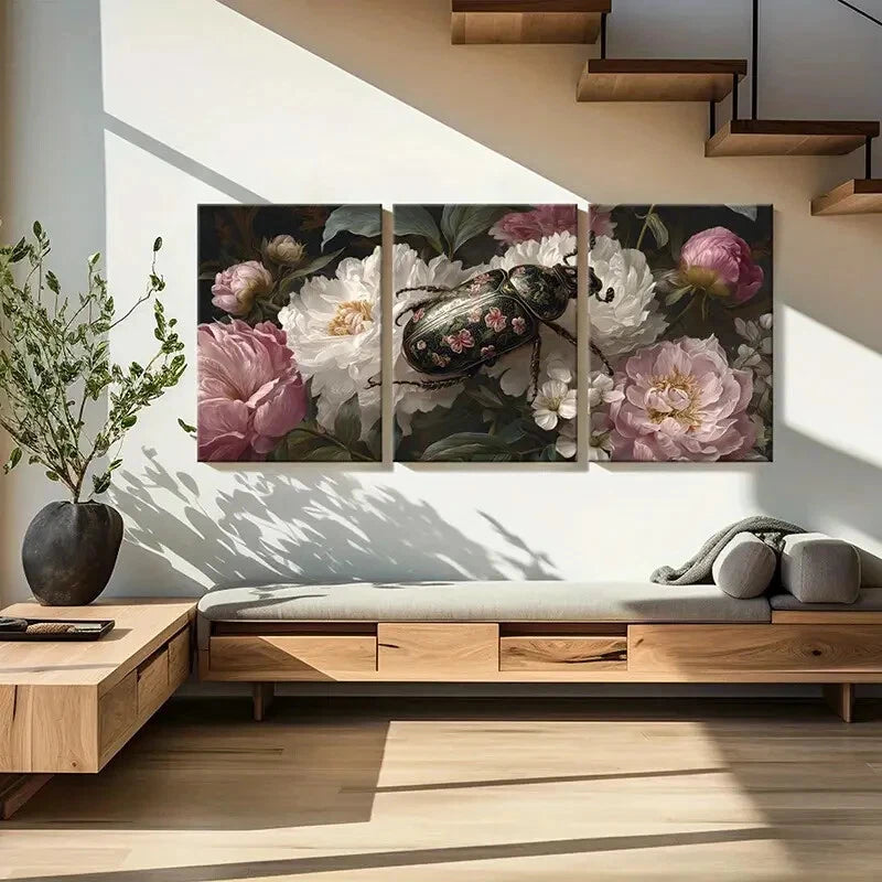 3pcs Elegant Peony Floral Canvas Art Beetle Design Metal Print Ready to Hang Art