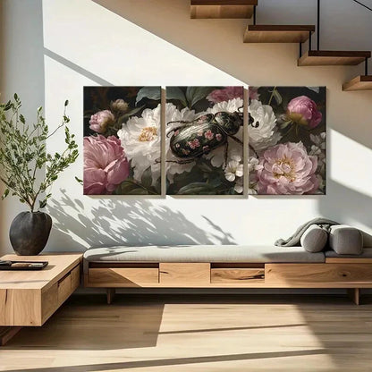 3pcs Elegant Peony Floral Canvas Art Beetle Design Metal Print Ready to Hang Art
