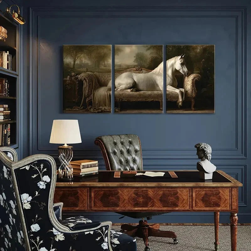 3pcs Elegant Vintage White Horse On Ornate Sofa Metal Print Ready to Hang Art