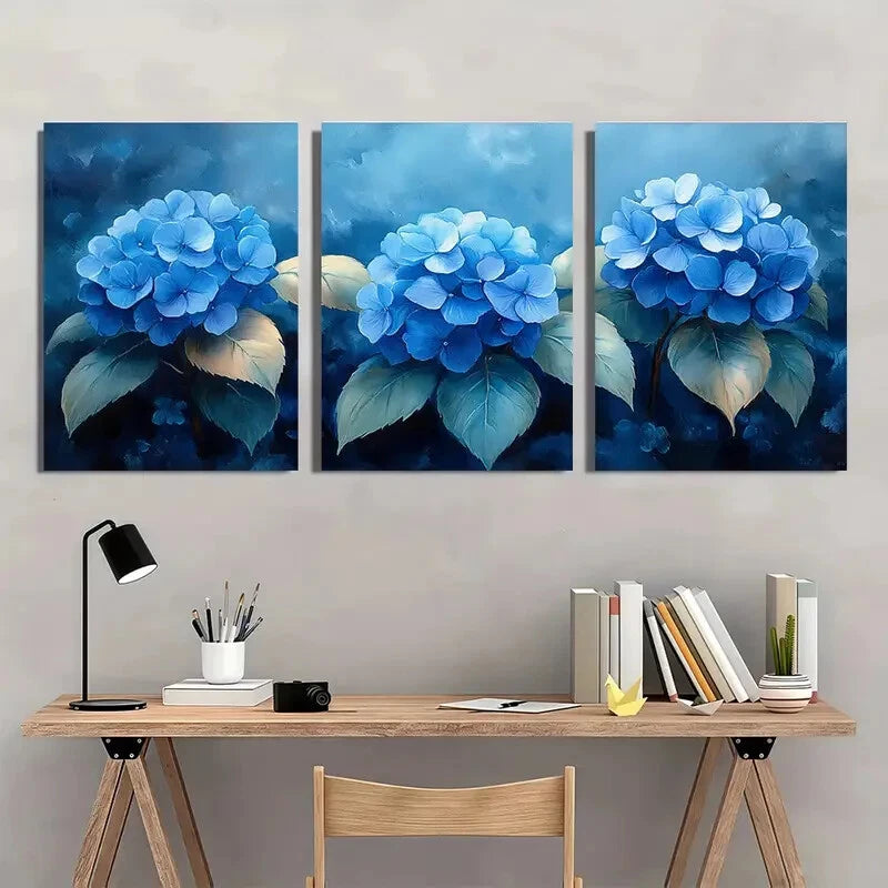 3pcs Blue Hydrangea Flower Watercolor Painting Metal Print Ready to Hang Art