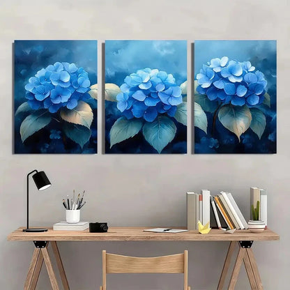 3pcs Blue Hydrangea Flower Watercolor Painting Metal Print Ready to Hang Art