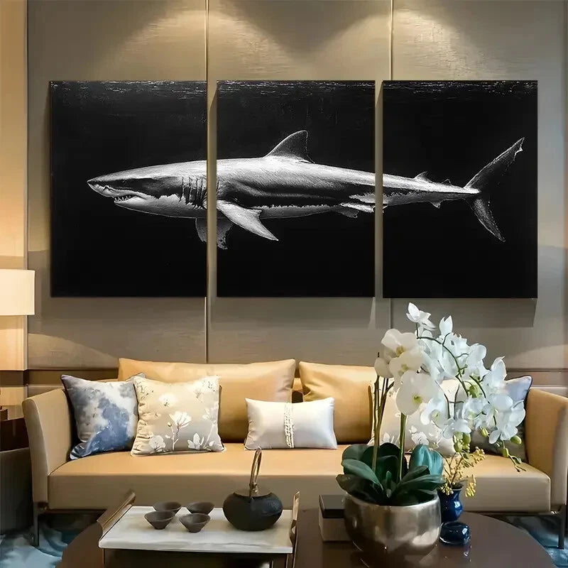 3pcs Black And White Shark Design Metal Print Ready to Hang Art