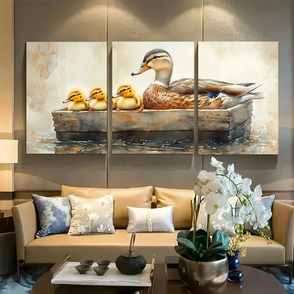 3pcs Mama Duck And Duckling Swimming Metal Print Ready to Hang Art