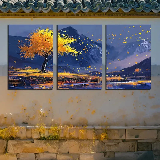 3pcs Beautiful Autumn Tree with Mountain View Metal Print Ready to Hang Art