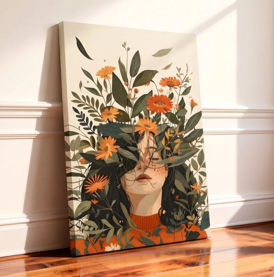 Botanical Woman Portrait Floral Face Line Art 40x60cm Metal Print Ready to Hang
