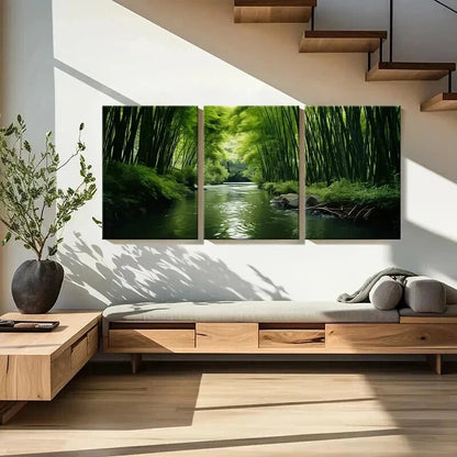 3pcs Green Bamboo Forest and River Wall Art Set Canvas Framed 40x60cm - High Quality Print 100% Australian Made Wall Canvas Ready to Hang