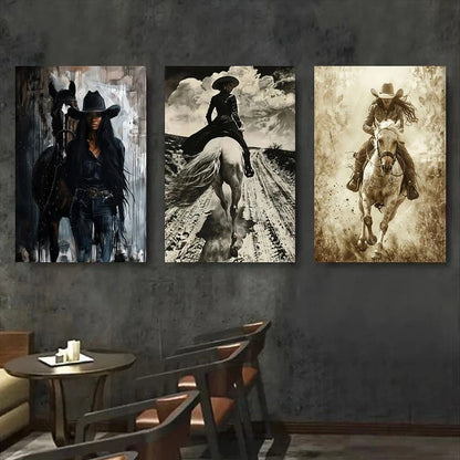 3pcs Western Cowboy Horse Black and White Metal Print Ready to Hang Art