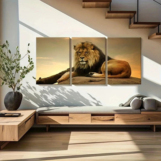 3pcs Majestic Lion Golden Accents Metal Print Ready to Hang Art