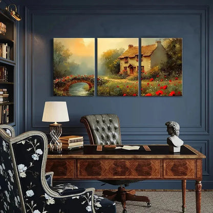 3pcs Rustic Cottage Bridge River Flowers Metal Print Ready to Hang Art