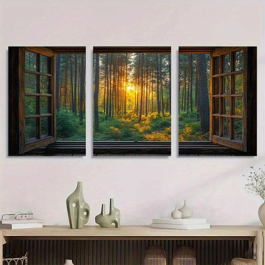 3pcs Open Window Forest View Sunrise Metal Print Ready to Hang Art